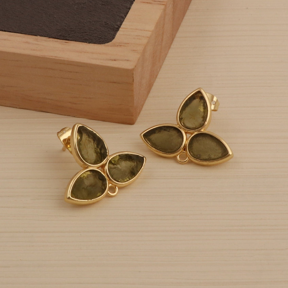 Handmade Moldavite & Moonstone Brass Earring Connector: Gold Plated Bezel Stud Earring